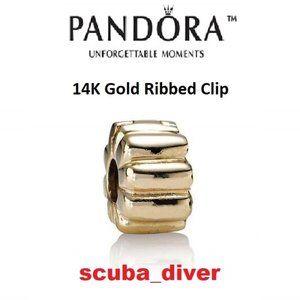 RARE 14K Gold Pandora Ribbed Clip Charm Solid Gold Retired